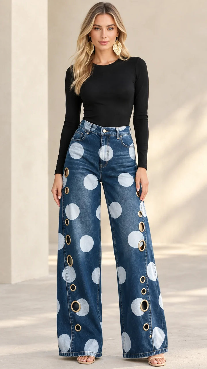 Alia - Premium gepunktete Wide-Leg-Jeans