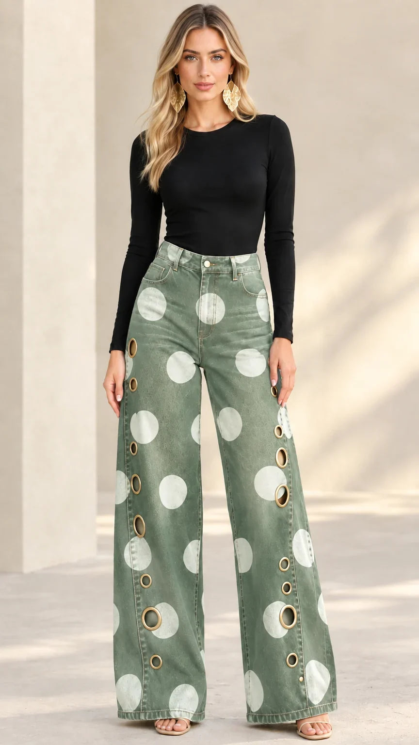 Alia - Premium gepunktete Wide-Leg-Jeans
