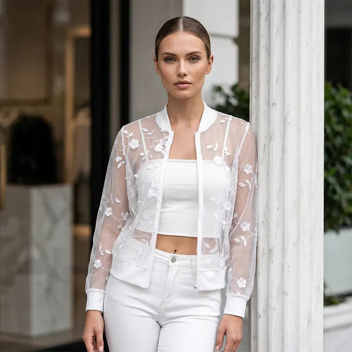 Aderisse - Transparenter, floral gemusterter Cardigan mit Reissverschluss