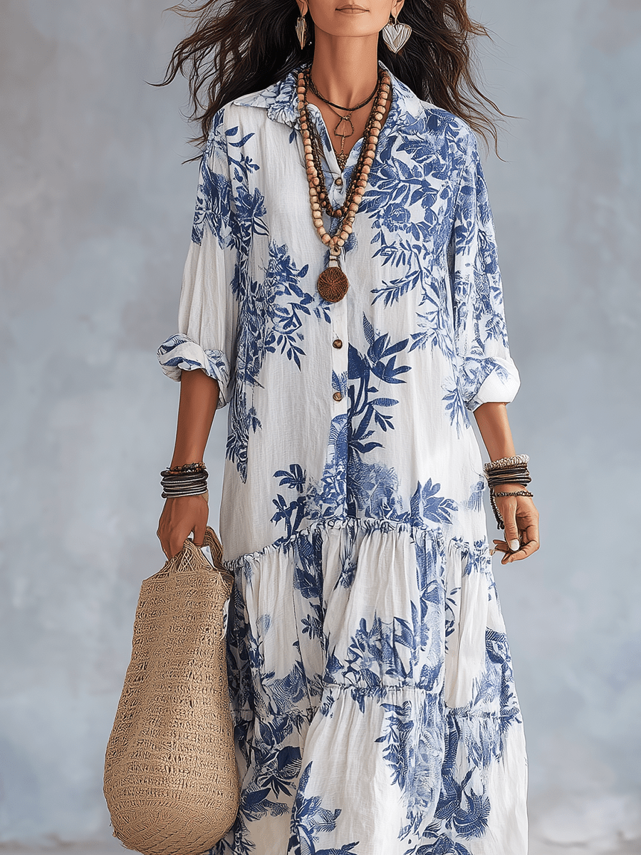 Thealise - Leichtes Maxikleid mit Knopfleiste vorne und Blumenmuster
