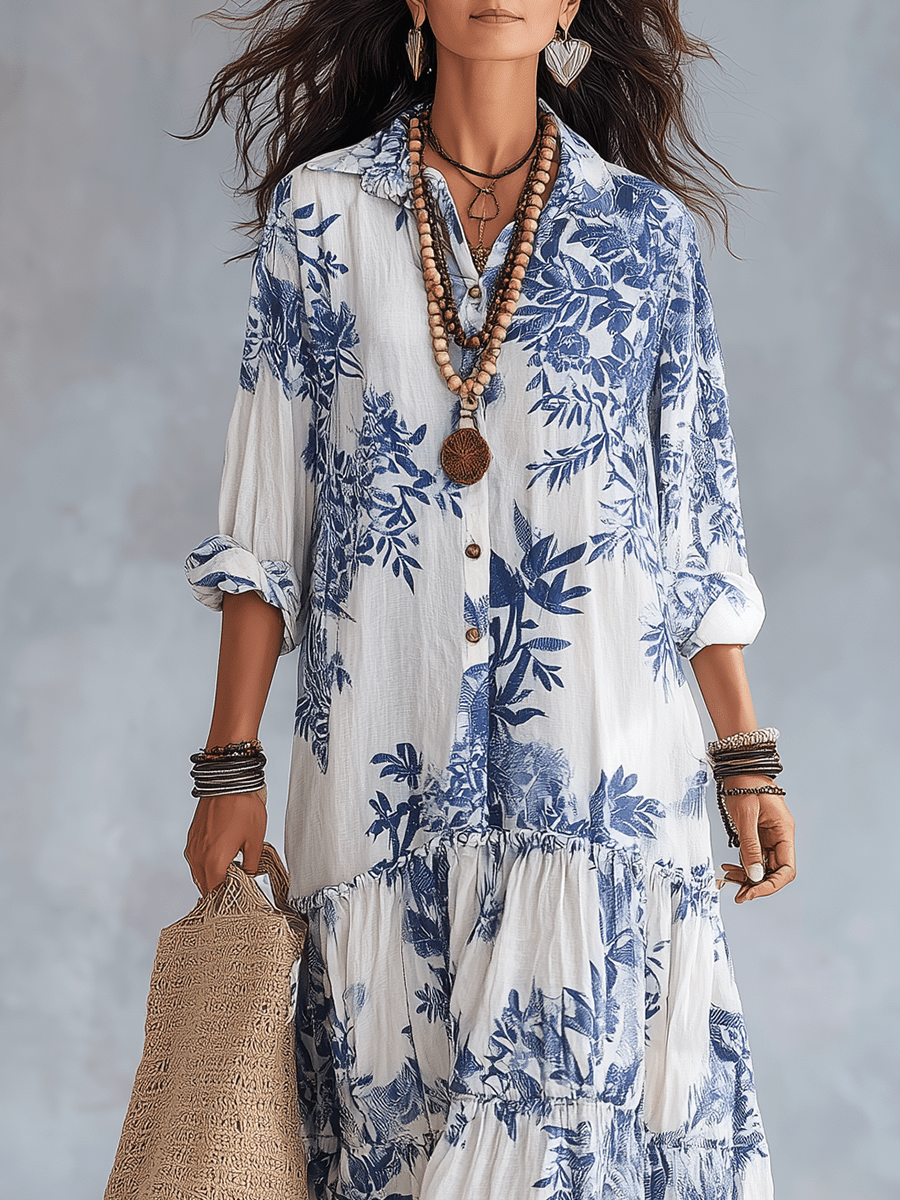 Thealise - Leichtes Maxikleid mit Knopfleiste vorne und Blumenmuster