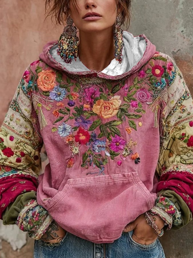 Norellia - Floral bestickter Boho-Hoodie
