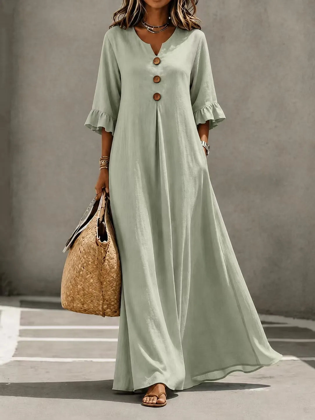 Vesperelle - bedrucktes Soft-Touch-Maxikleid mit V-Ausschnitt