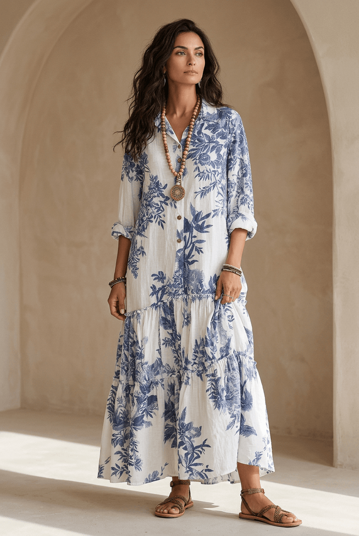 Thealise - Leichtes Maxikleid mit Knopfleiste vorne und Blumenmuster