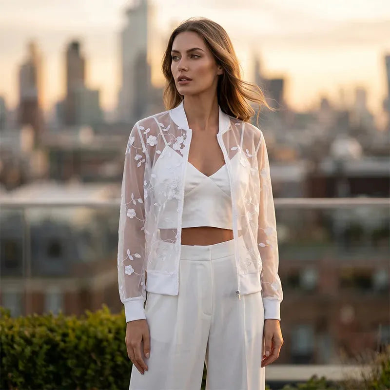 Aderisse - Transparenter, floral gemusterter Cardigan mit Reissverschluss