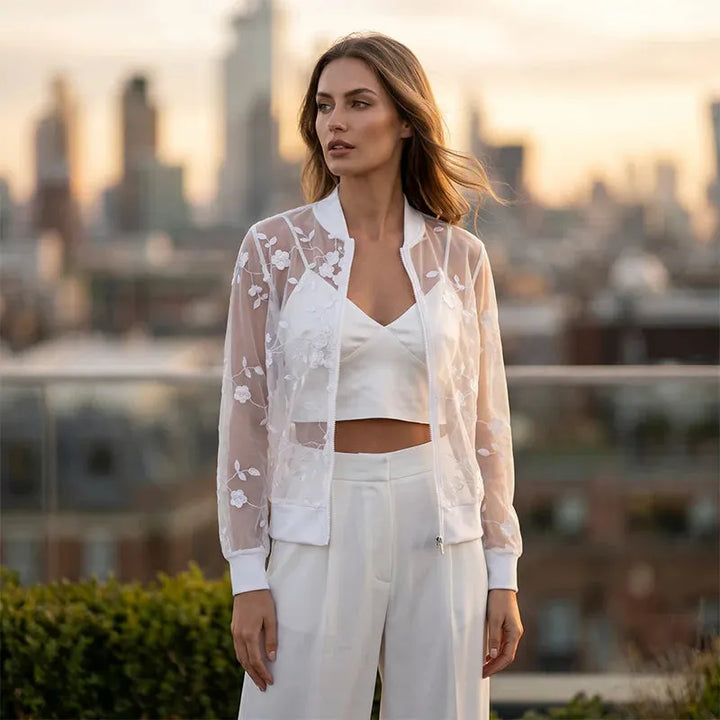 Aderisse - Transparenter, floral gemusterter Cardigan mit Reissverschluss