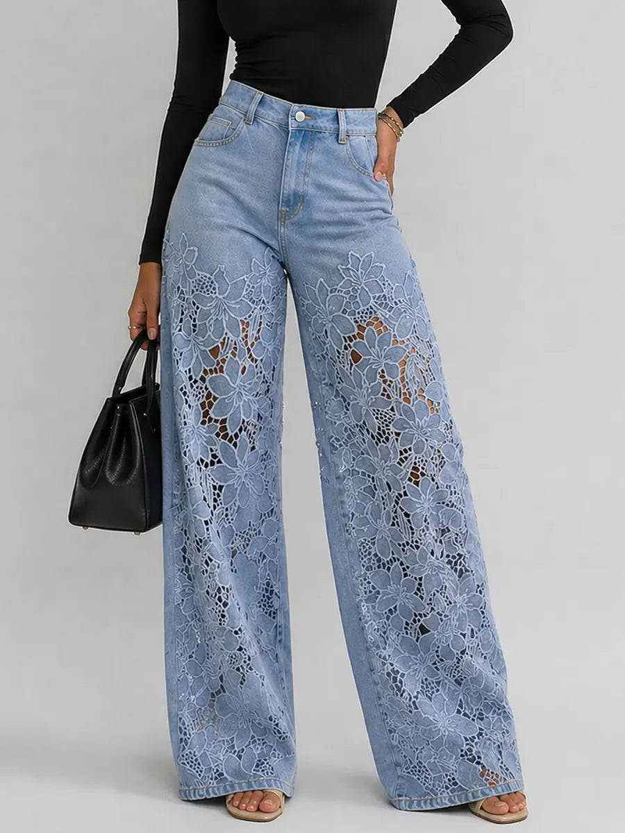 Kaliora - Wide-Leg-Jeans mit floraler Spitze