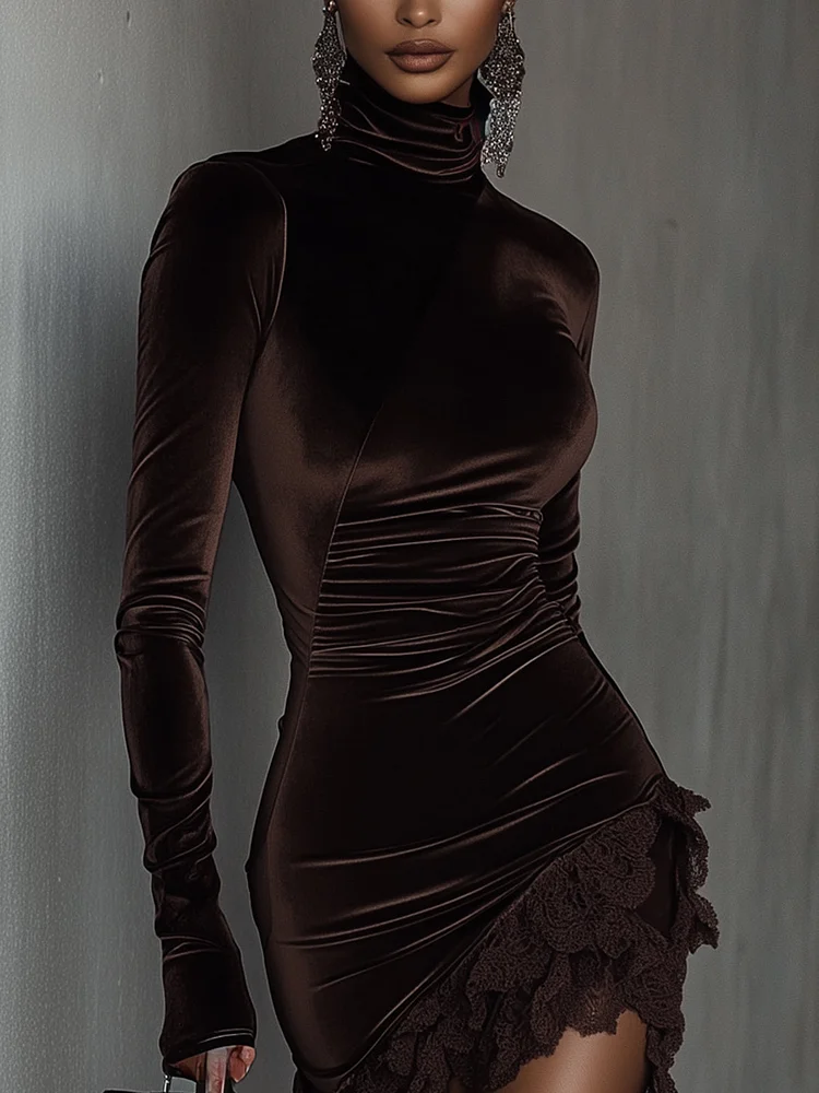 Arcelisse - Samt-Spitzen-Rollkragen-Minikleid
