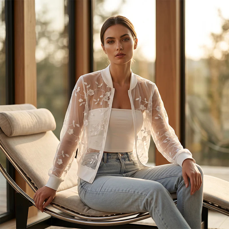 Aderisse - Transparenter, floral gemusterter Cardigan mit Reissverschluss