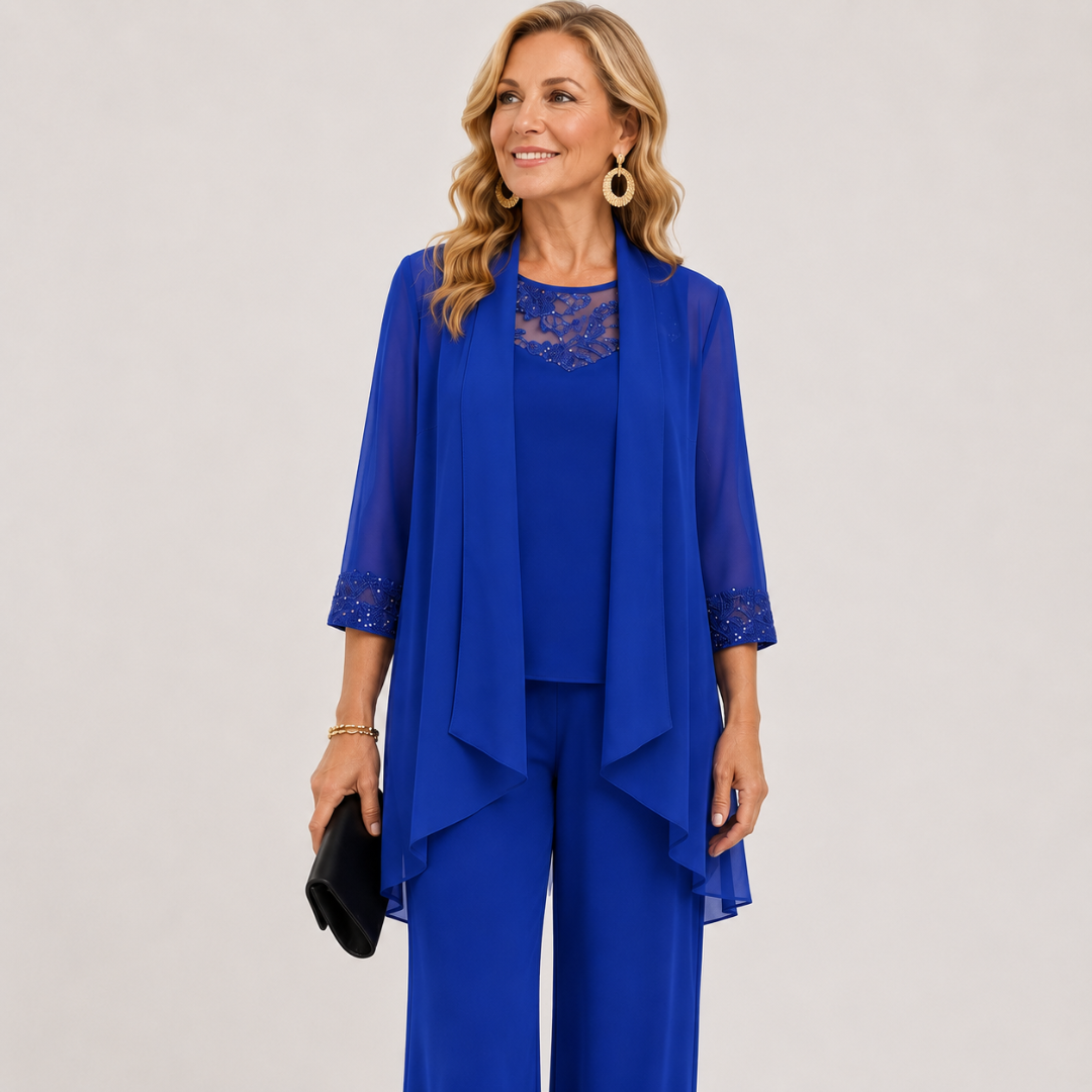 Aeliana - Elegantes dreiteiliges Set mit Jacke und Wide-Leg-Hose