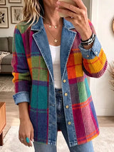 Sasha - Mehrfarbig karierte Strick-Denim-Jacke