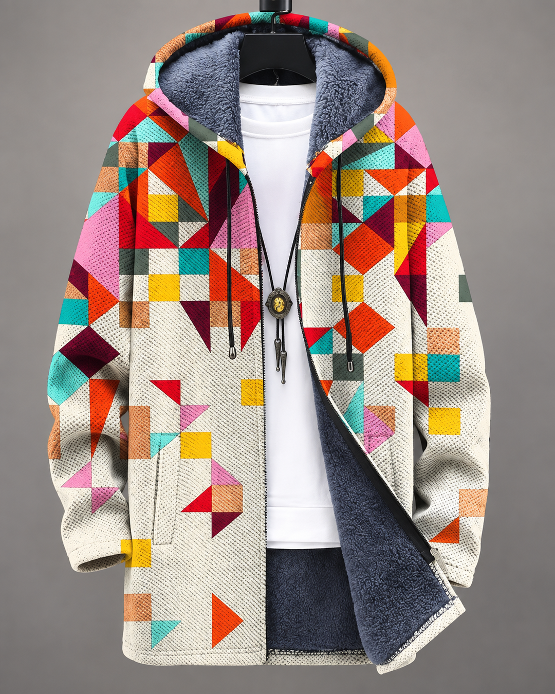 Betha - Plüschgefütterte Kapuzenjacke mit geometrischem Muster
