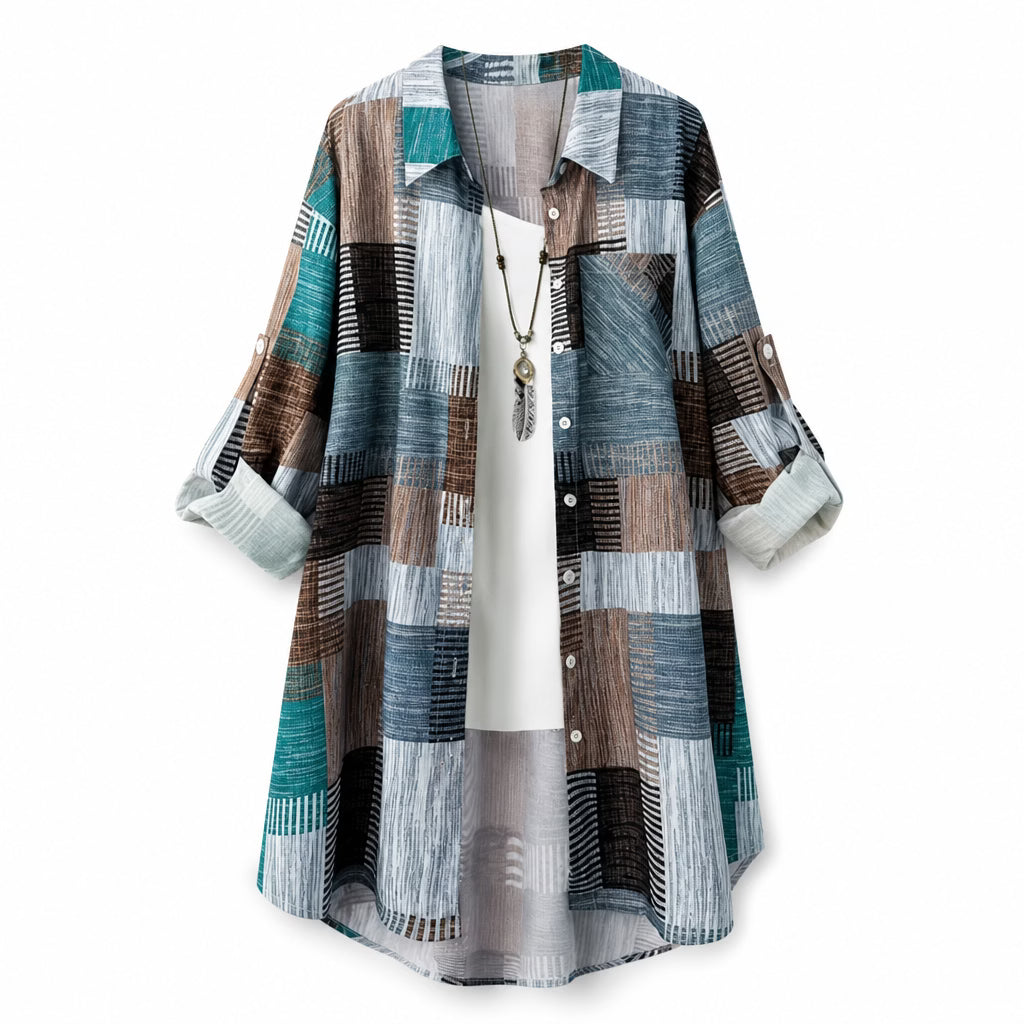 Nia - Longline-Hemdjacke mit Patchwork-Print
