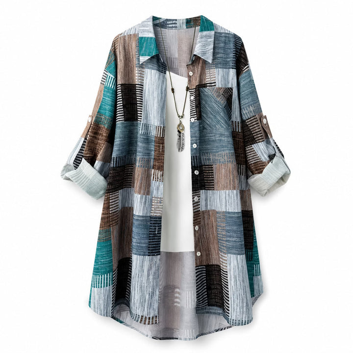 Nia - Longline-Hemdjacke mit Patchwork-Print