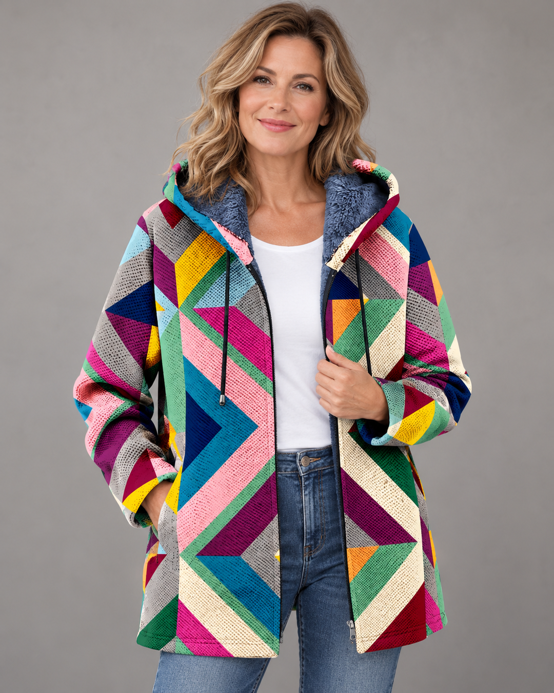 Betha - Plüschgefütterte Kapuzenjacke mit geometrischem Muster