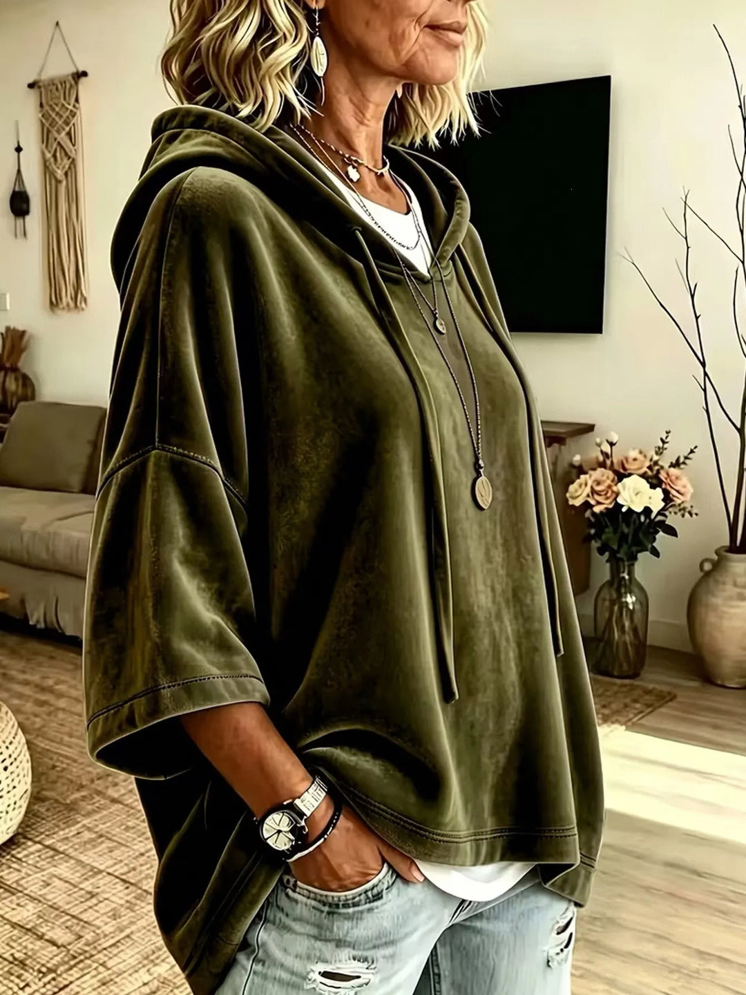 Fayelisse - locker geschnittener Samt-Lounge-Hoodie