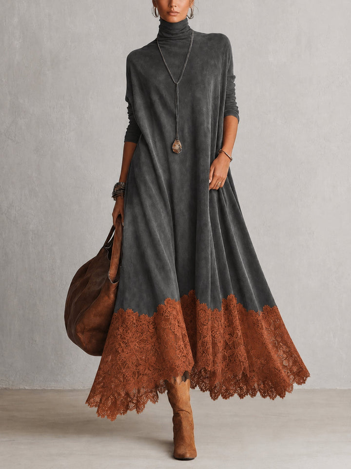 Maelis - samtiges Maxikleid mit Spitzenbesatz