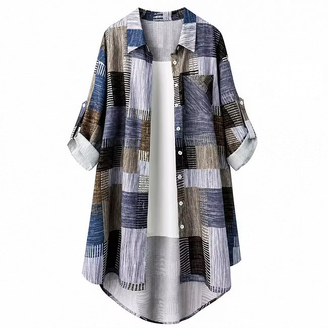 Nia - Longline-Hemdjacke mit Patchwork-Print
