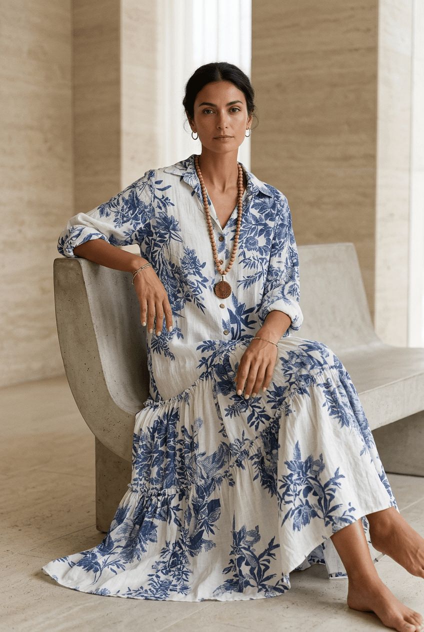 Thealise - Leichtes Maxikleid mit Knopfleiste vorne und Blumenmuster