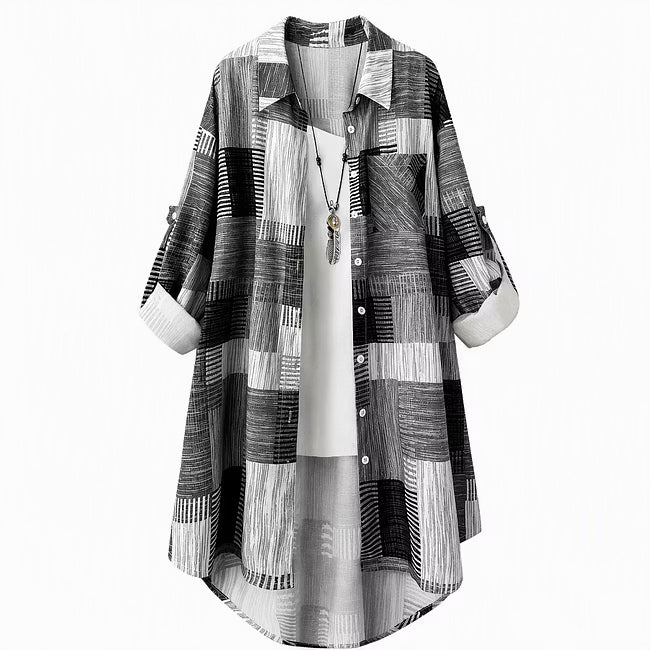 Nia - Longline-Hemdjacke mit Patchwork-Print