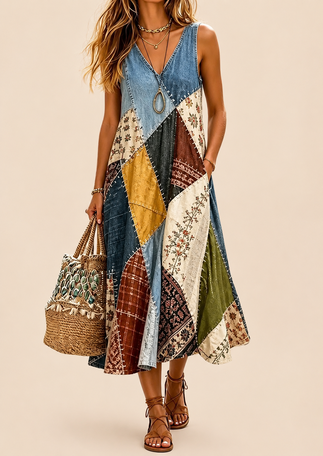 Arwyn - Fliessendes Boho-Patchwork-Kleid