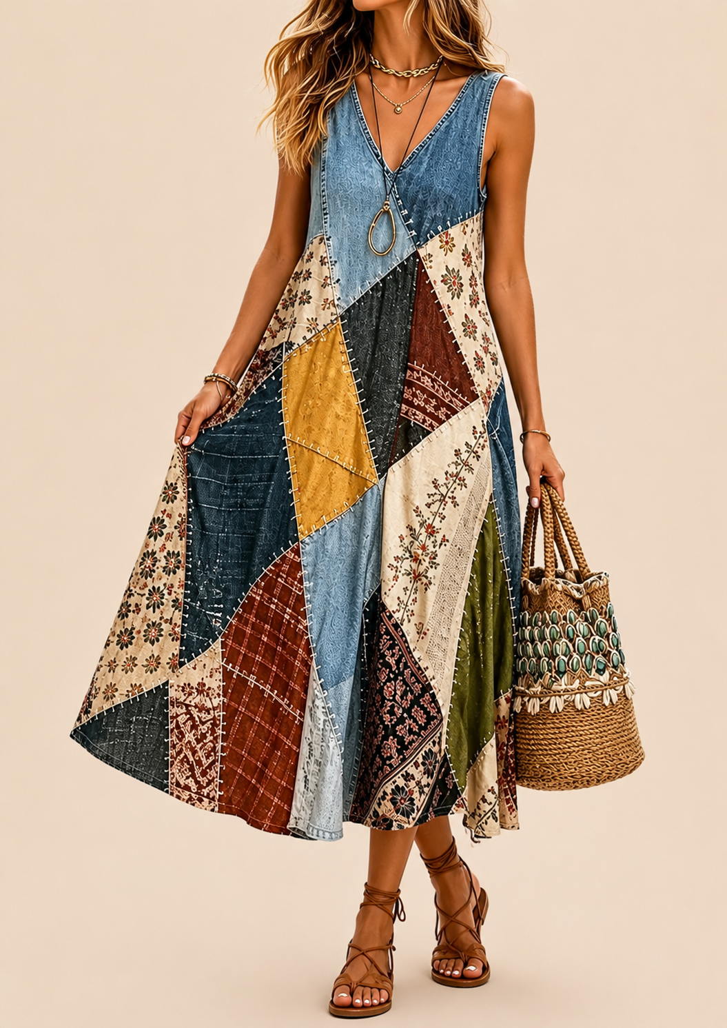 Arwyn - Fliessendes Boho-Patchwork-Kleid