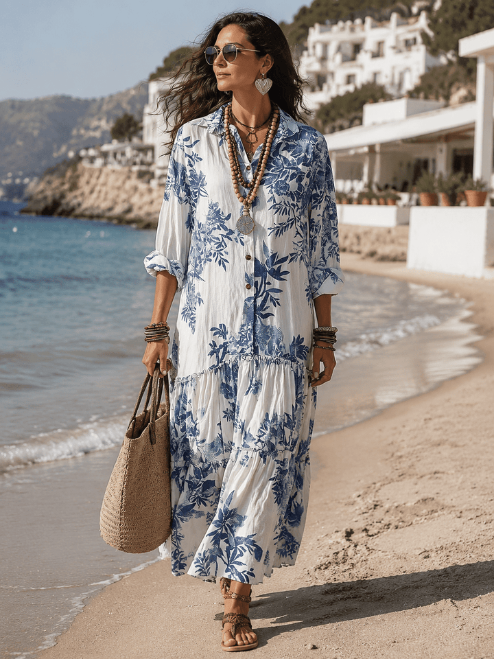 Thealise - Leichtes Maxikleid mit Knopfleiste vorne und Blumenmuster
