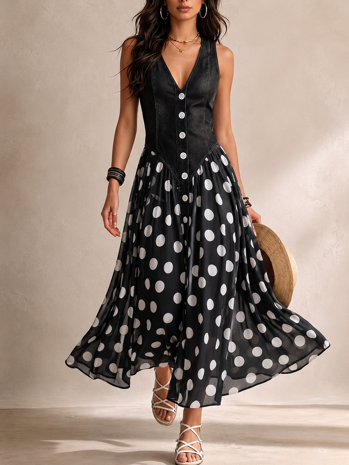 Ameliora - Materialmix-Kleid mit Polka-Dots