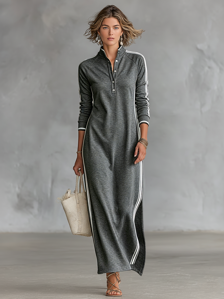 Aida - Sportives gestreiftes Maxikleid mit langen Ärmeln