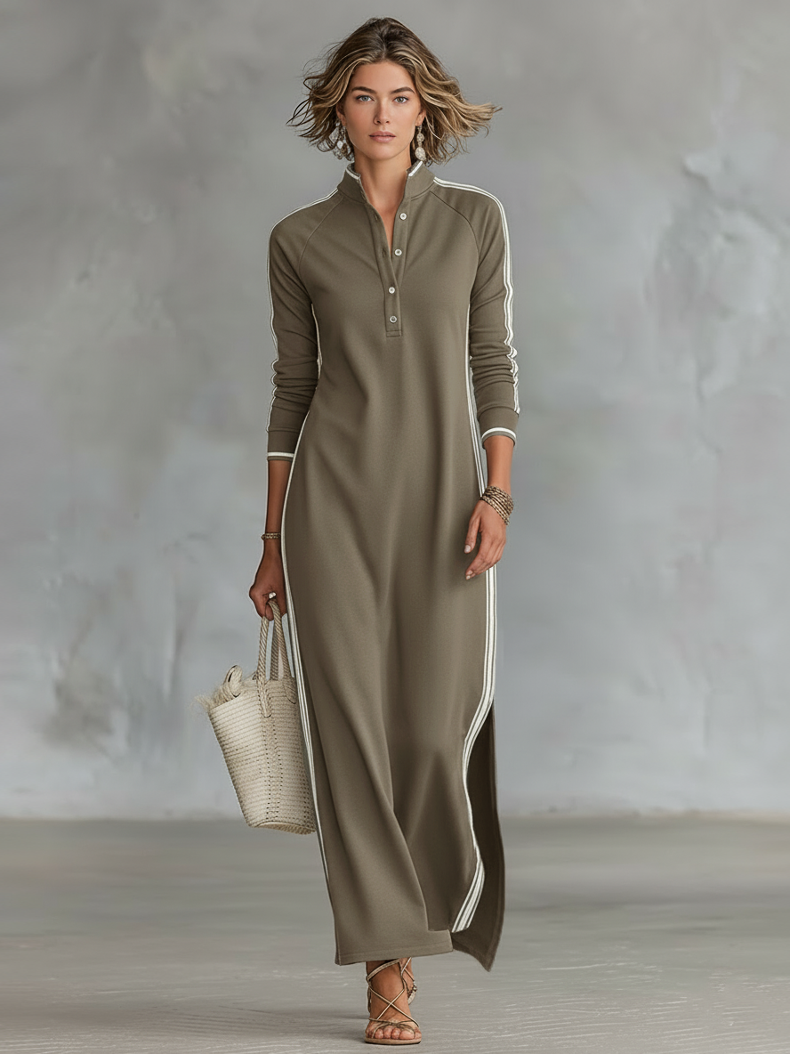 Aida - Sportives gestreiftes Maxikleid mit langen Ärmeln