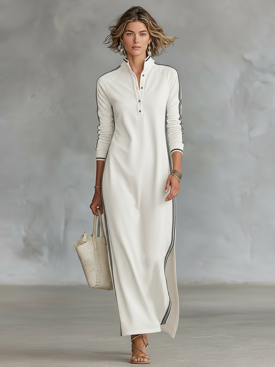 Aida - Sportives gestreiftes Maxikleid mit langen Ärmeln