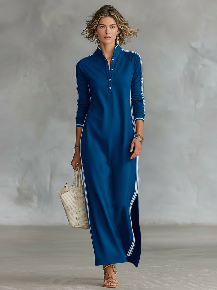 Aida - Sportives gestreiftes Maxikleid mit langen Ärmeln