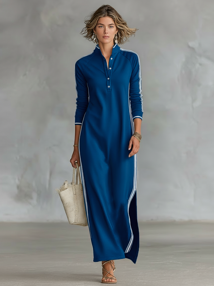 Aida - Sportives gestreiftes Maxikleid mit langen Ärmeln
