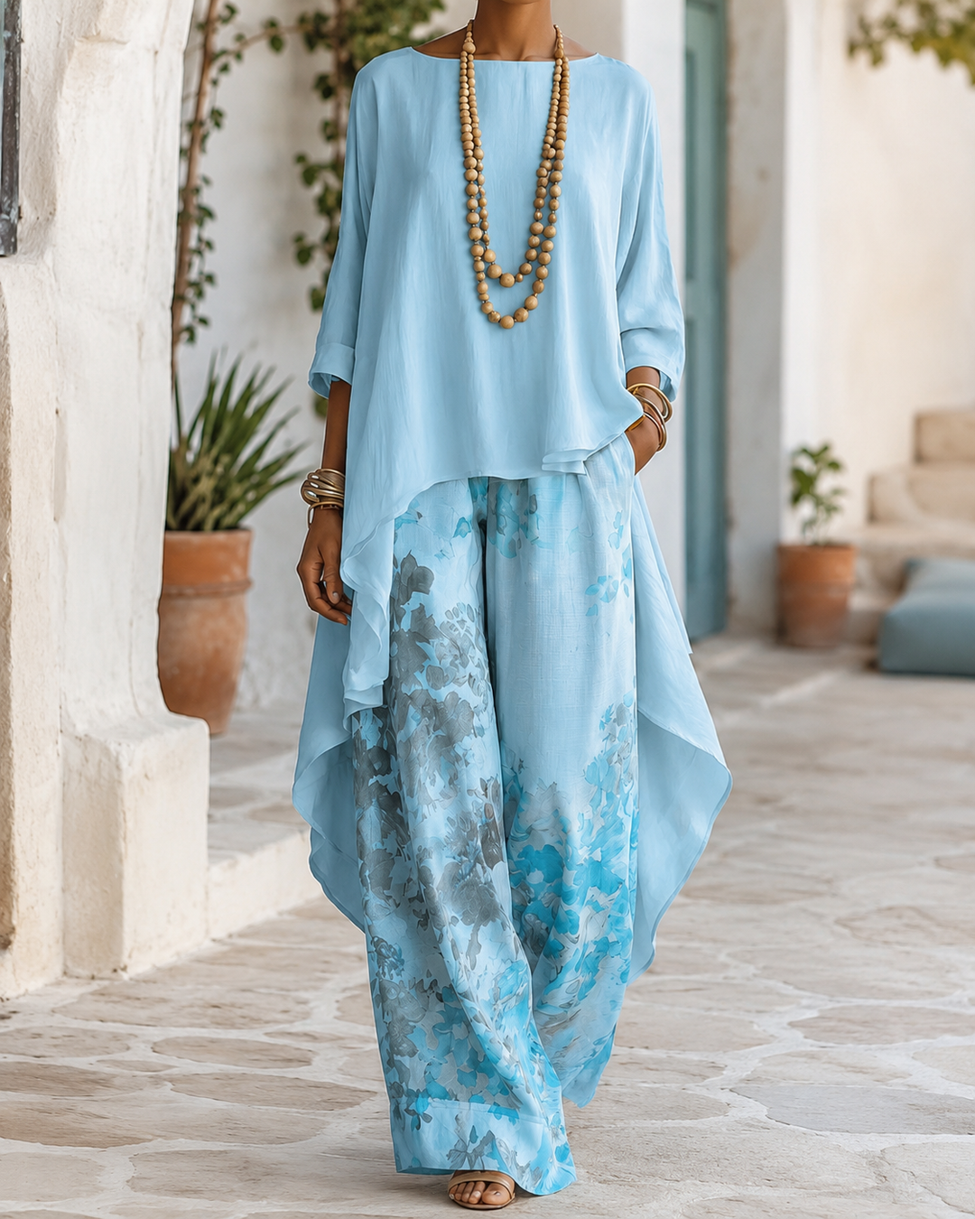 Anwyn - Zweiteiler: Chiffon-Top in Lagenoptik und weite Hose
