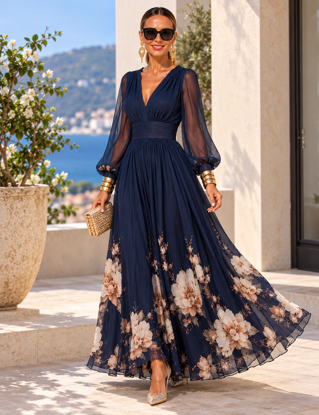 Pirelle - Tailliertes Blumen-Maxikleid