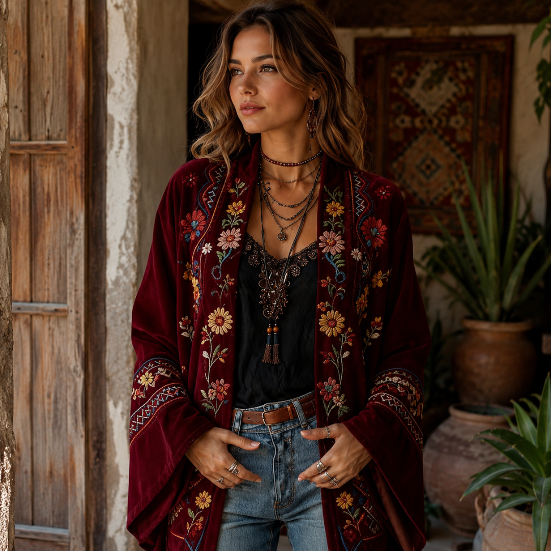 Eudocia - Boho-bestickter Kimono-Cardigan