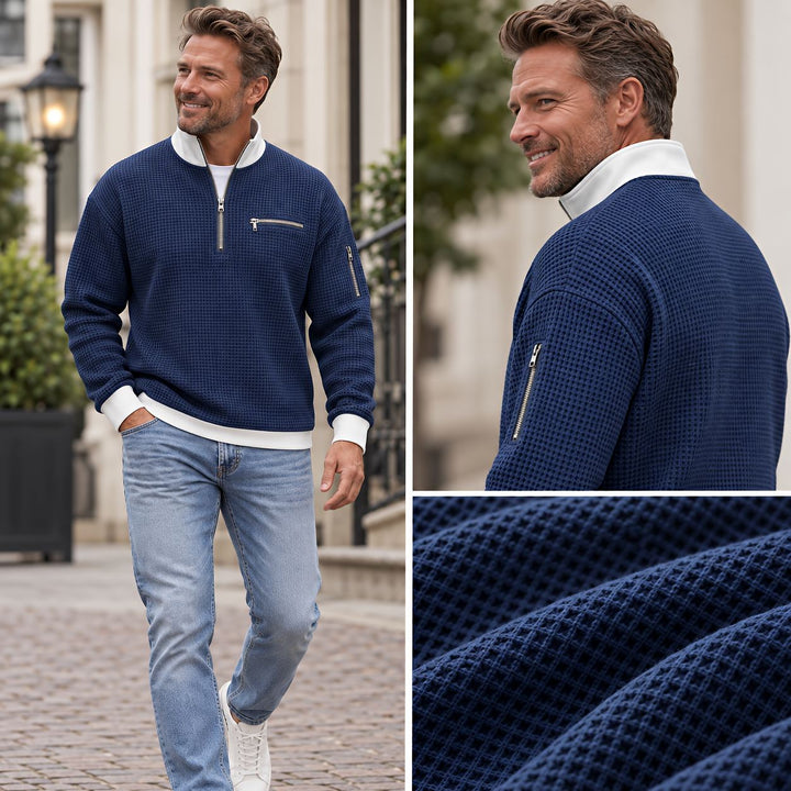 Brice - Strukturierter Waffelstrick-Pullover mit Viertelreissverschluss