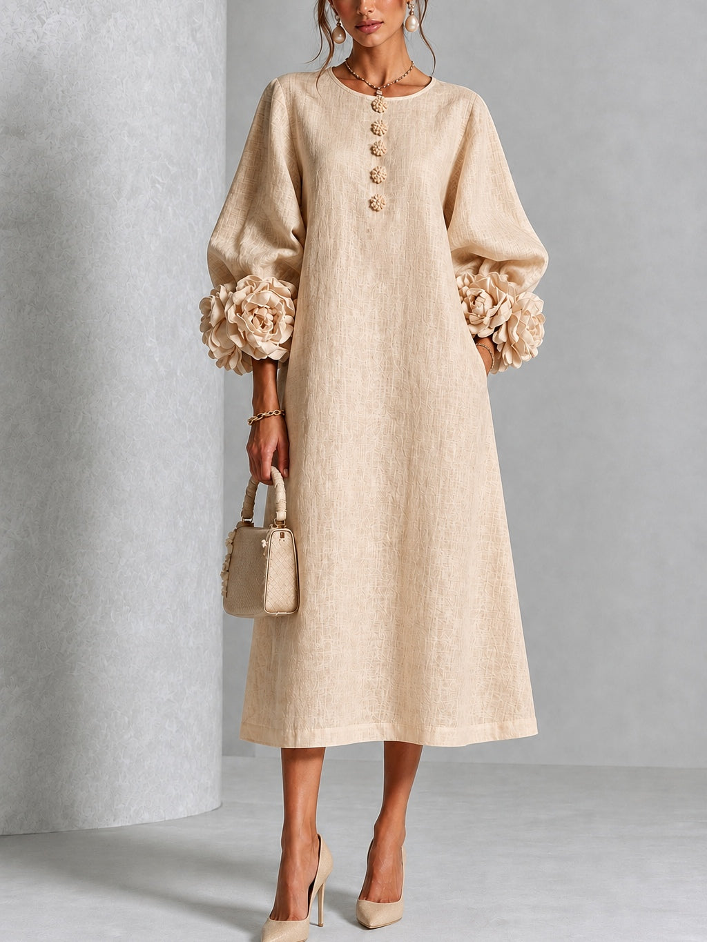 Estelora - Skulpturales Midi-Kleid mit Blumenprint