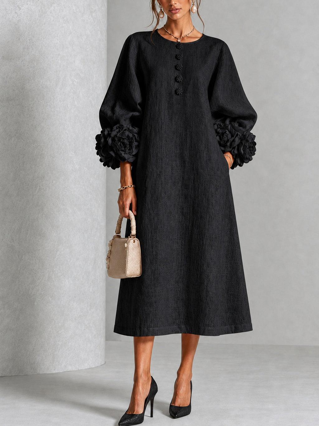 Estelora - Skulpturales Midi-Kleid mit Blumenprint