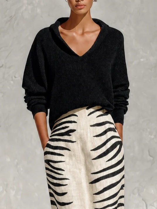 Aelyra - Zweiteiler aus Soft-Touch-Strickpullover und Leinen-Midirock mit Zebra-Print