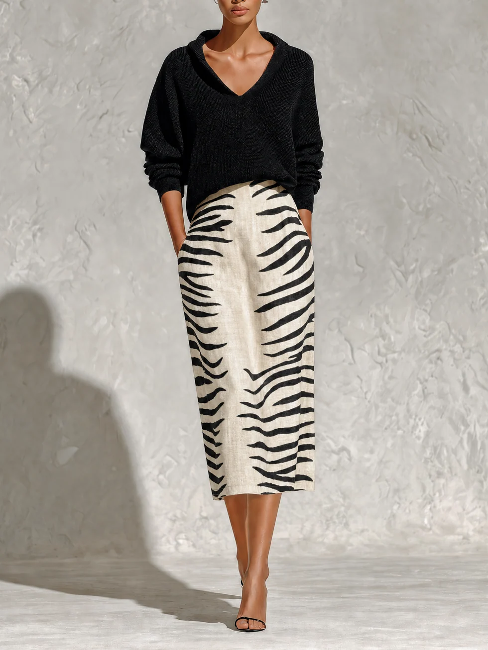 Aelyra - Zweiteiler aus Soft-Touch-Strickpullover und Leinen-Midirock mit Zebra-Print