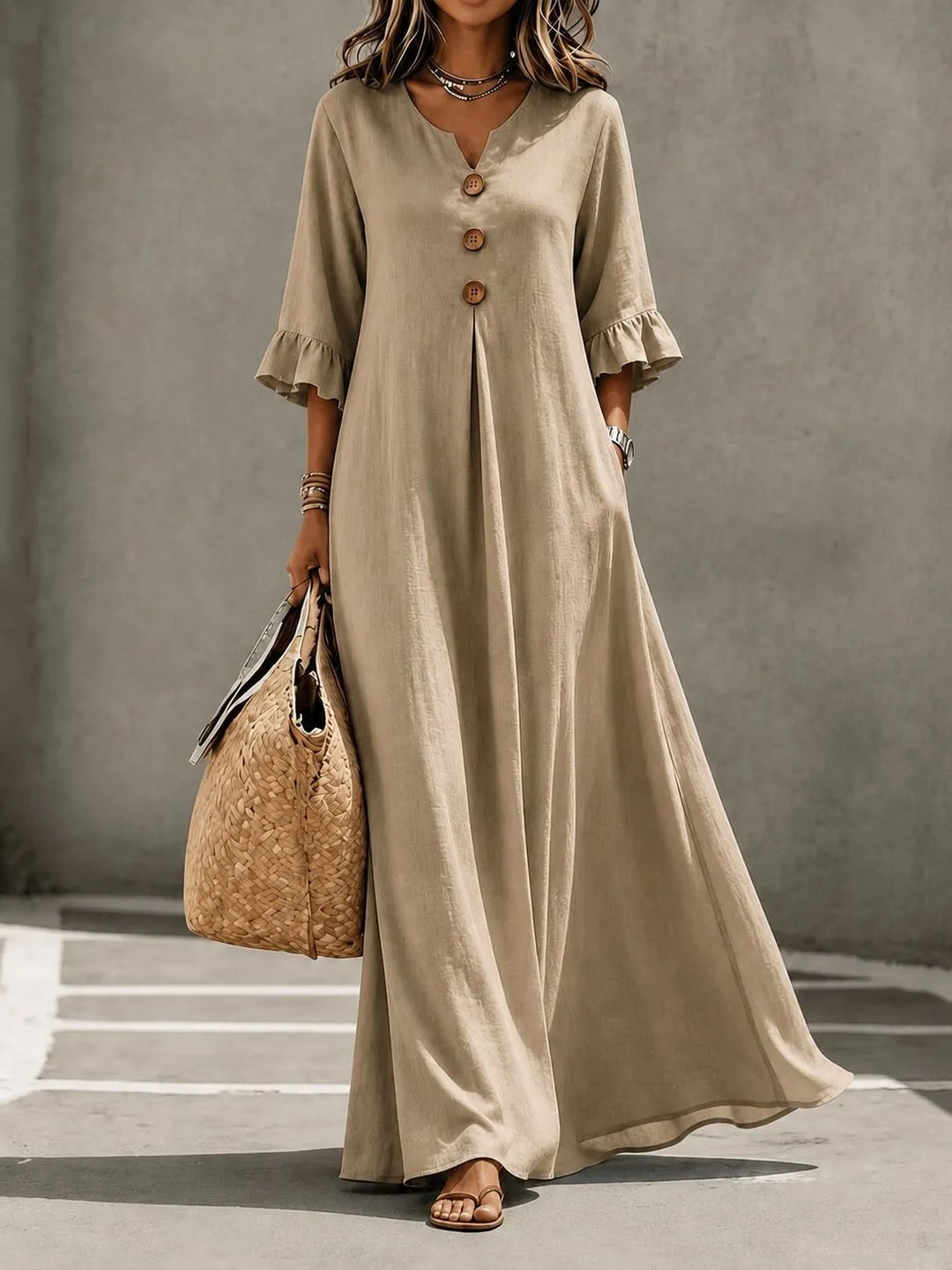 Vesperelle - bedrucktes Soft-Touch-Maxikleid mit V-Ausschnitt