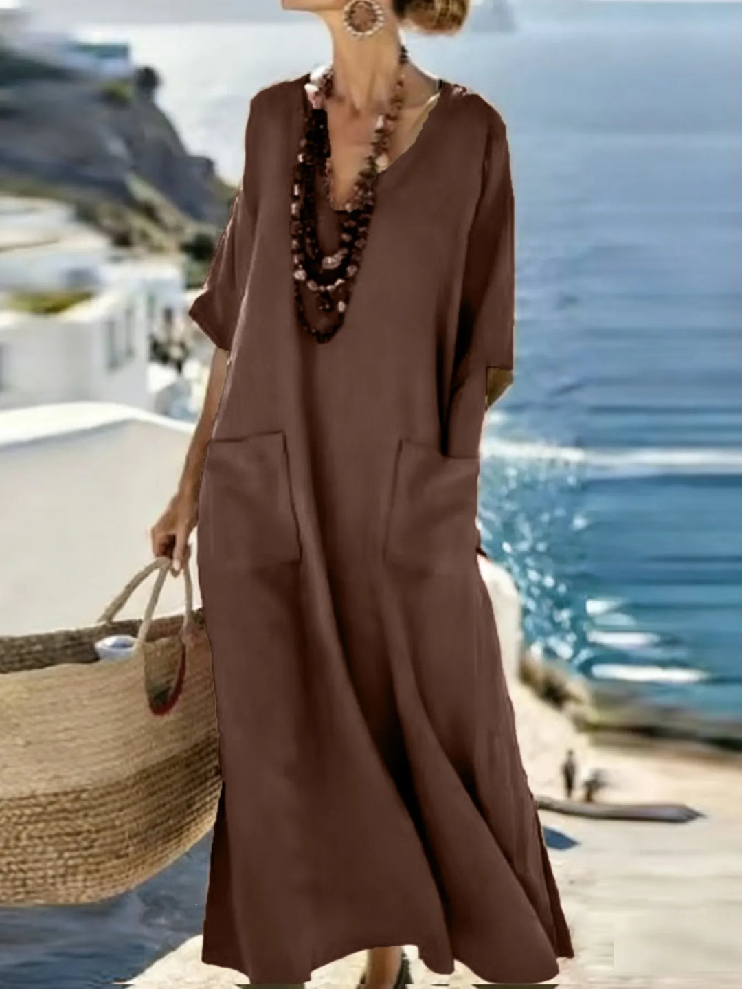 Serenelle - Bedrucktes Soft-Touch-Maxikleid mit V-Ausschnitt