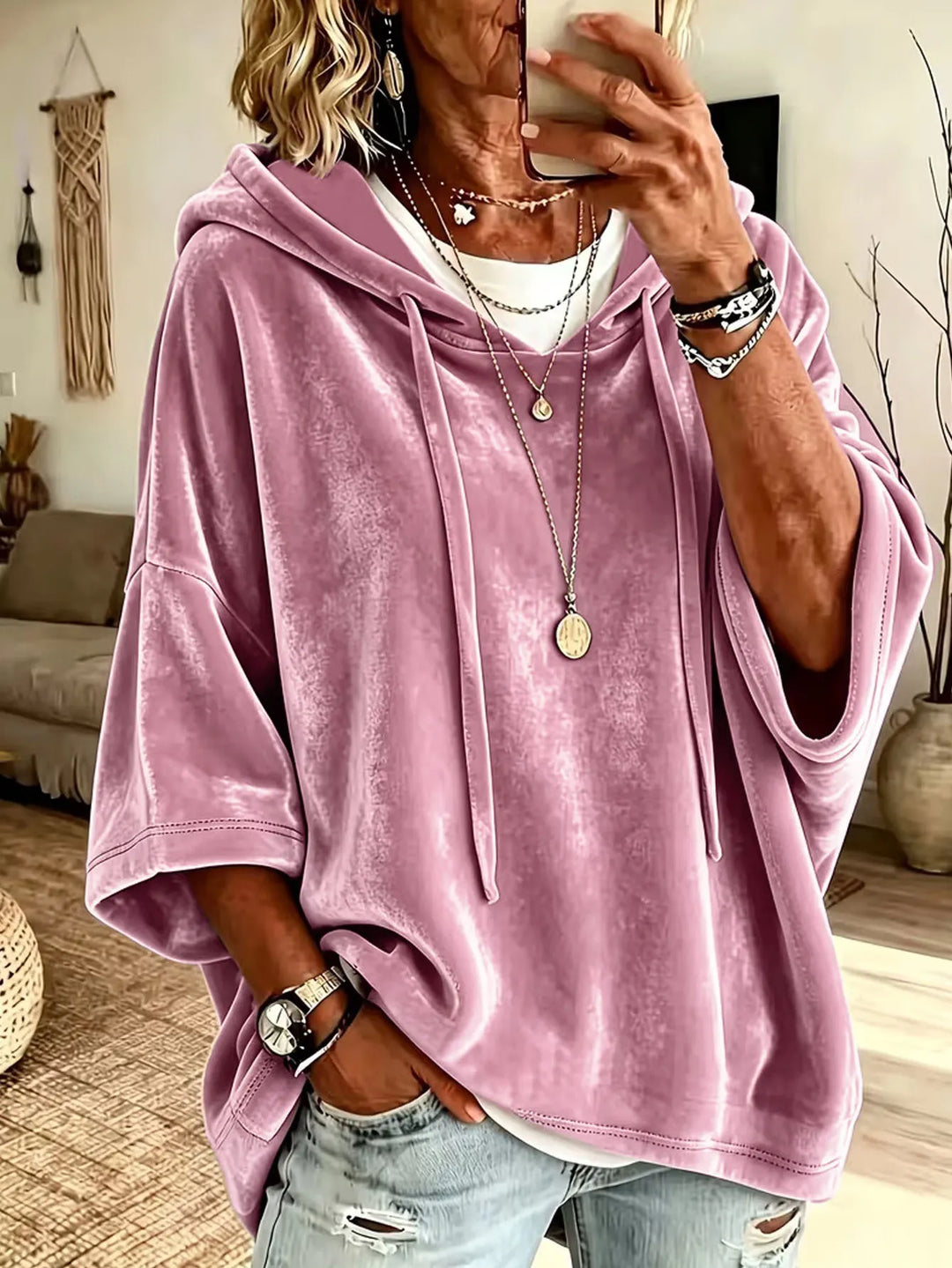 Fayelisse - locker geschnittener Samt-Lounge-Hoodie