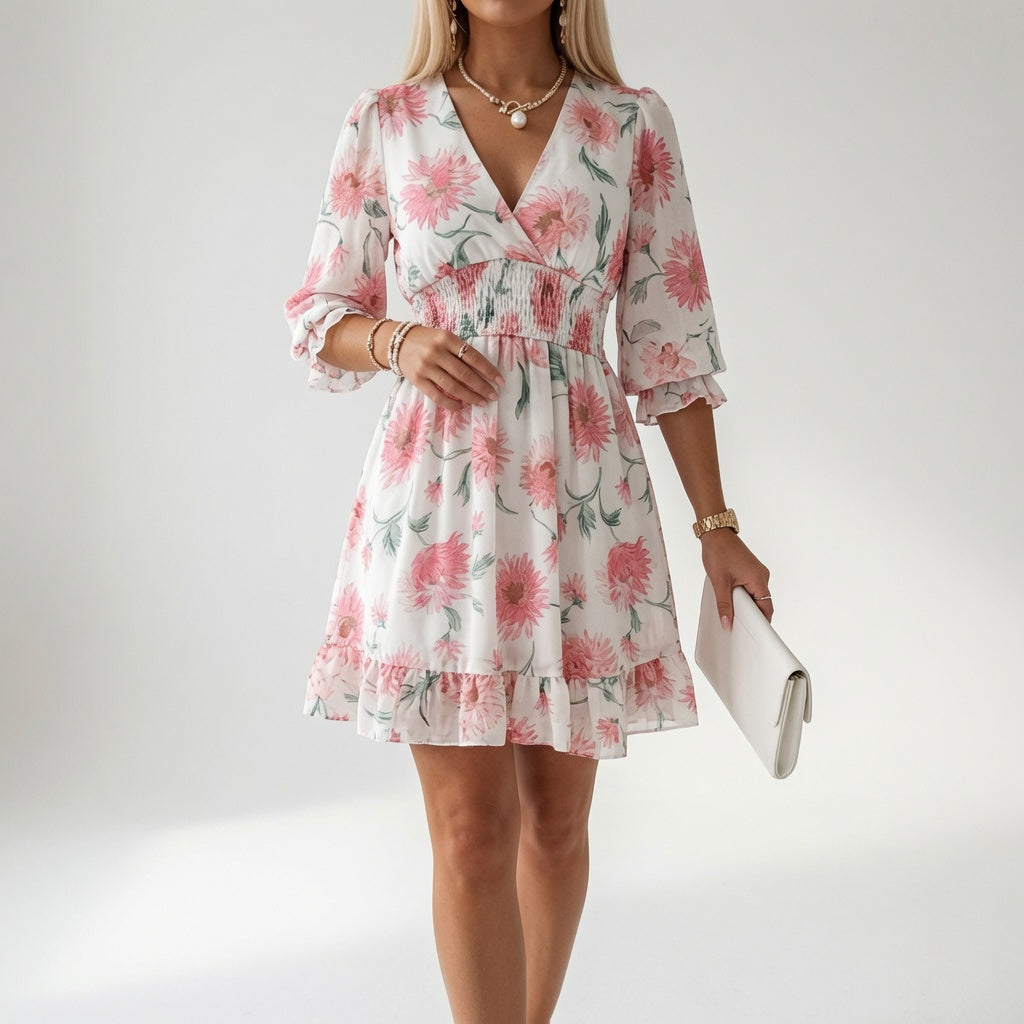 Maelona - Weiches, floral gemustertes, gerafftes Minikleid