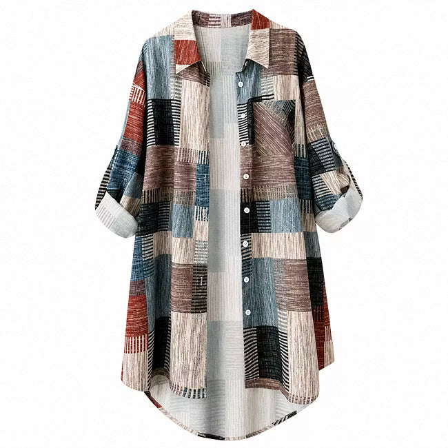 Nia - Longline-Hemdjacke mit Patchwork-Print