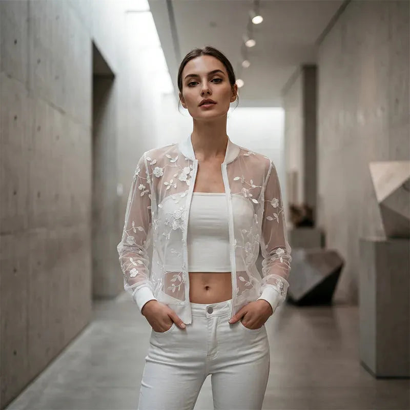 Aderisse - Transparenter, floral gemusterter Cardigan mit Reissverschluss