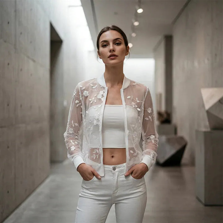 Aderisse - Transparenter, floral gemusterter Cardigan mit Reissverschluss