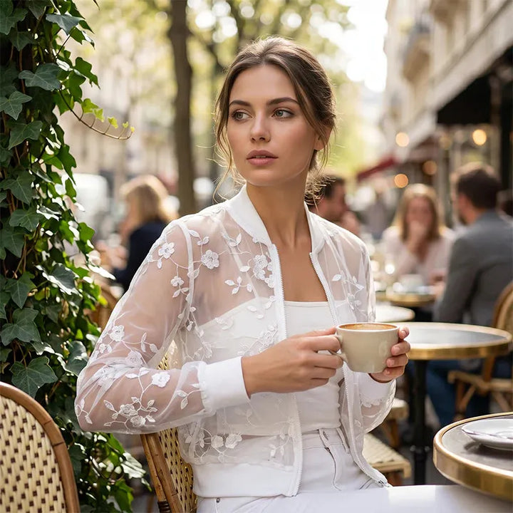 Aderisse - Transparenter, floral gemusterter Cardigan mit Reissverschluss