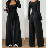 Alise - Geraffter Jumpsuit mit quadratischem Ausschnitt und weitem Bein